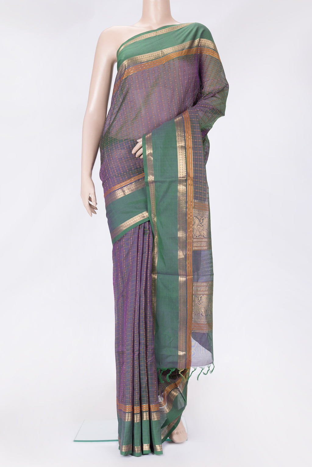 Green Dual Tone Silk Cotton Saree with Thread Butta on the body and Zari Border.  displayed on a mannequin