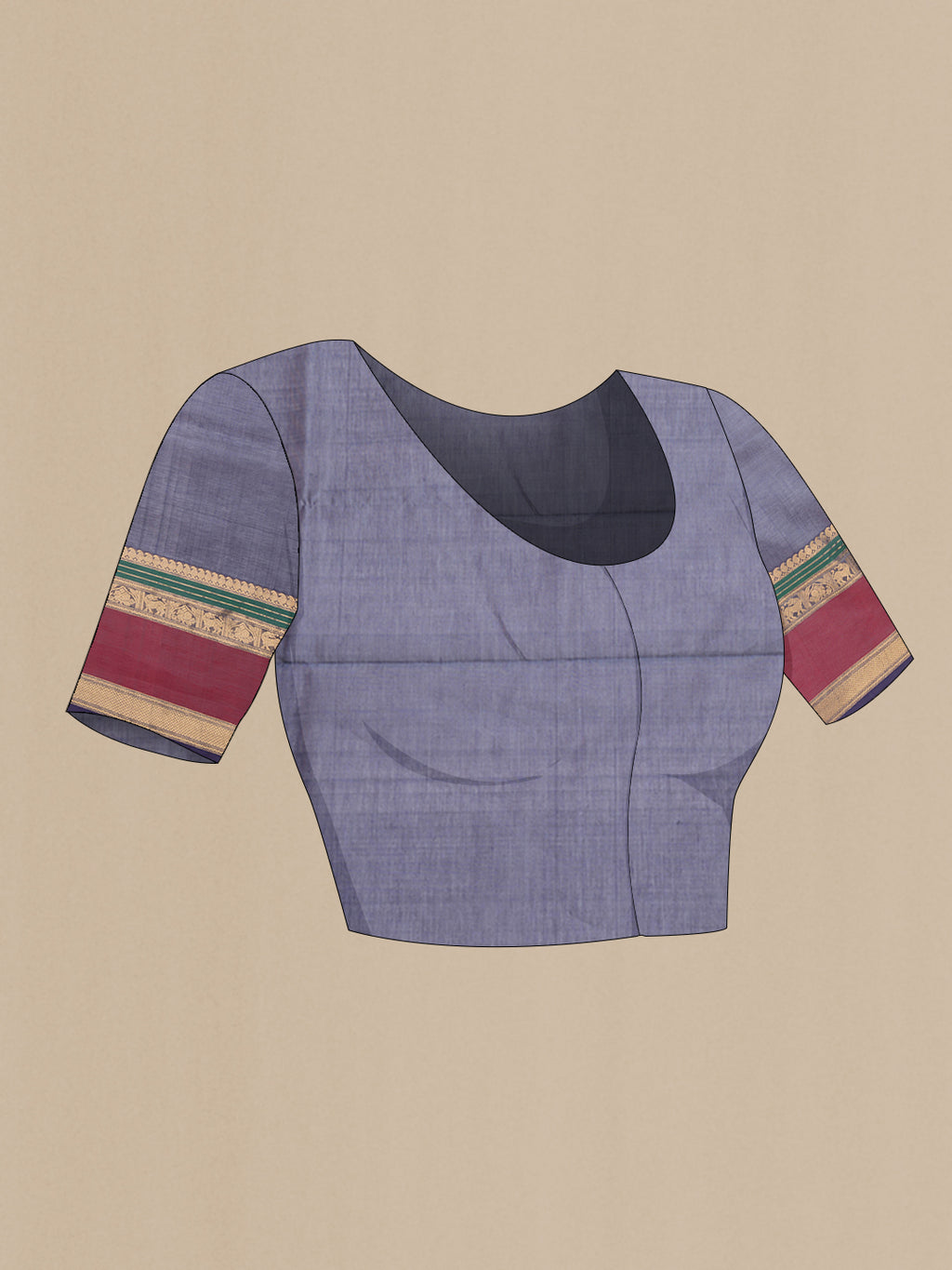 Close up image of the blouse of Grey Silk Cotton Saree with Checked design on the body and Zari Border. 