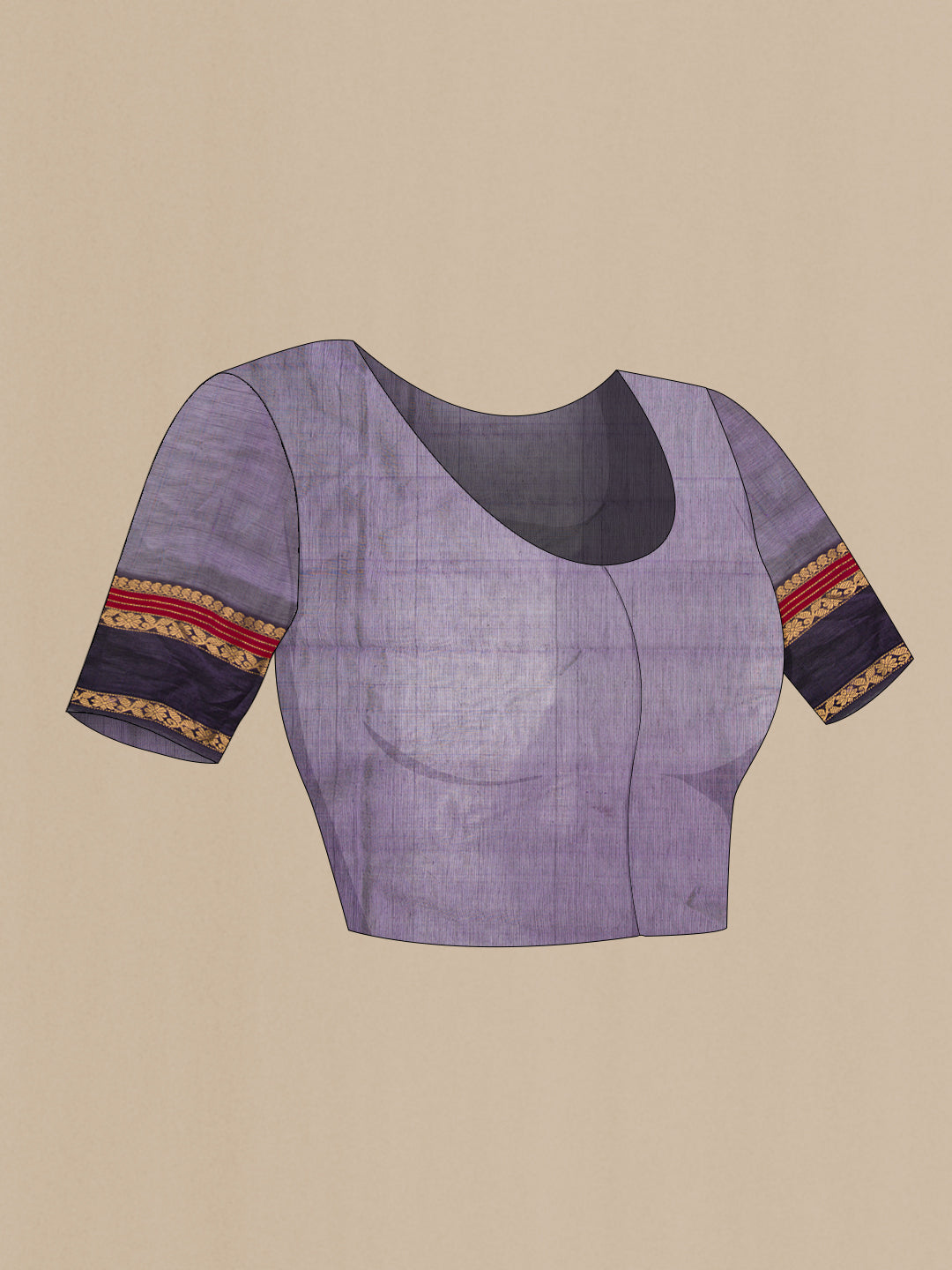 Close up image of the blouse of Violet Dual Tone Silk Cotton Saree with Checked design on the body and Zari Border. 