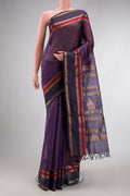 Violet Dual Tone Silk Cotton Saree with Checked design on the body and Zari Border.  displayed on a mannequin