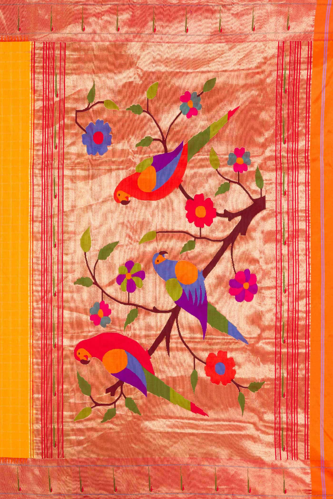 Close up image of the pallu of Yellow Dual Tone Paithani Silk Saree with Checked design on the body and Paithani Border