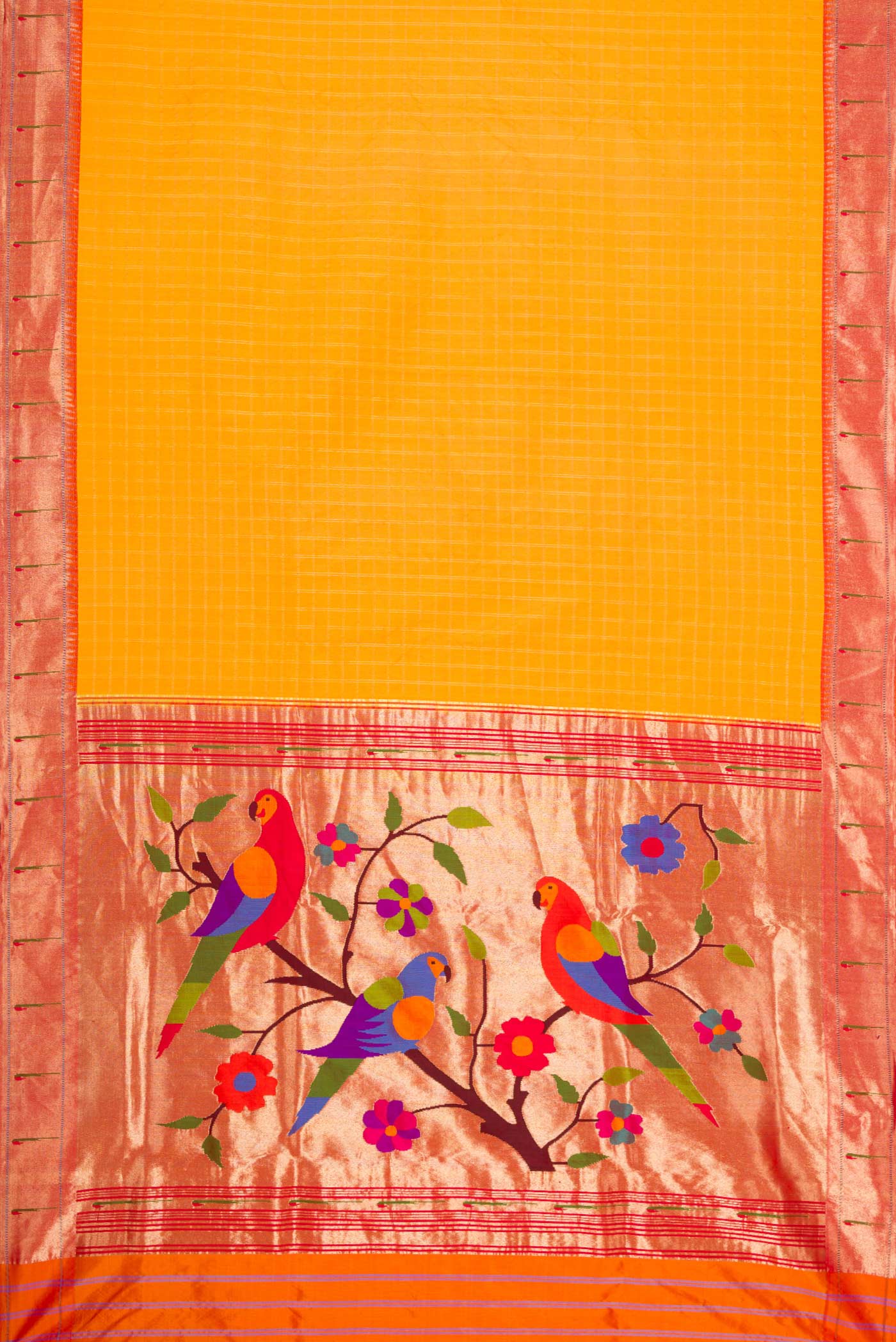 Flat view of Yellow Dual Tone Paithani Silk Saree with Checked design on the body and Paithani Border