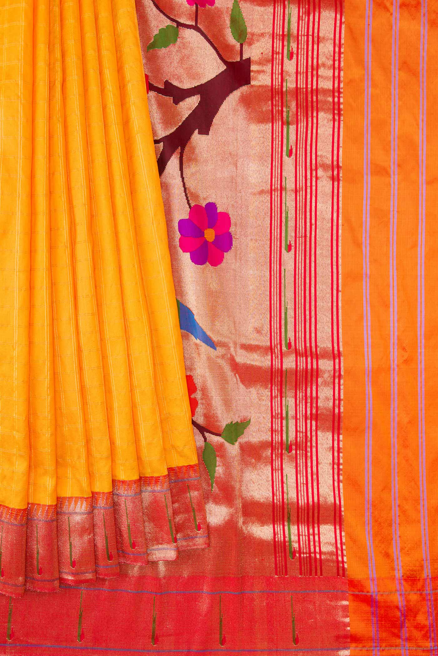 Pleats and pallu of Yellow Dual Tone Paithani Silk Saree with Checked design on the body and Paithani Border