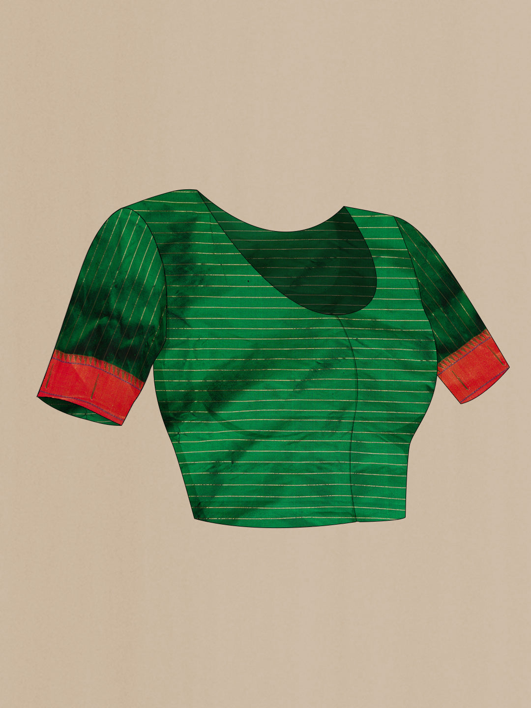 Close up image of the blouse of Bottle Green Dual Tone Paithani Silk Saree with Stripes on the body and Paithani Border