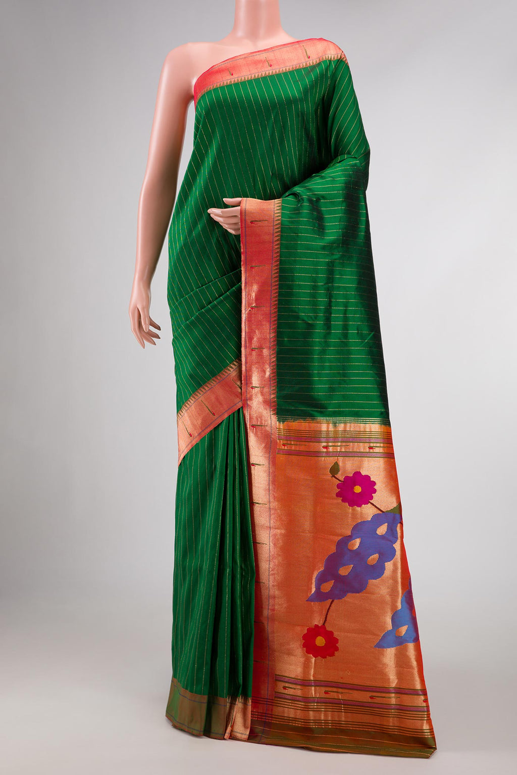 Bottle Green Dual Tone Paithani Silk Saree with Stripes on the body and Paithani Border displayed on a mannequin