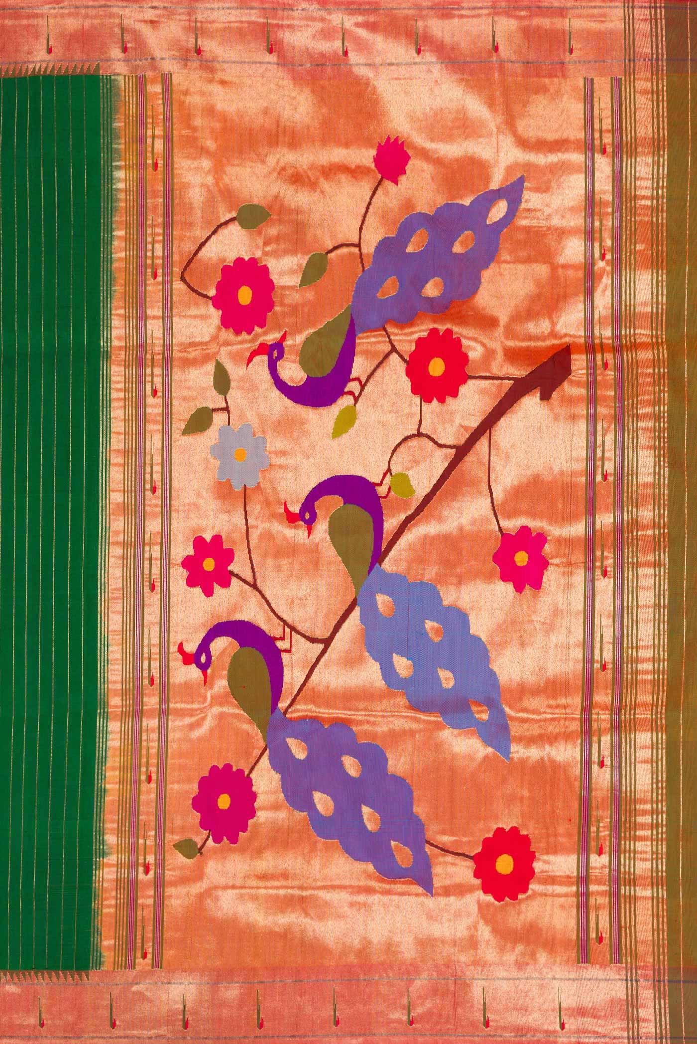 Close up image of the pallu of Bottle Green Dual Tone Paithani Silk Saree with Stripes on the body and Paithani Border