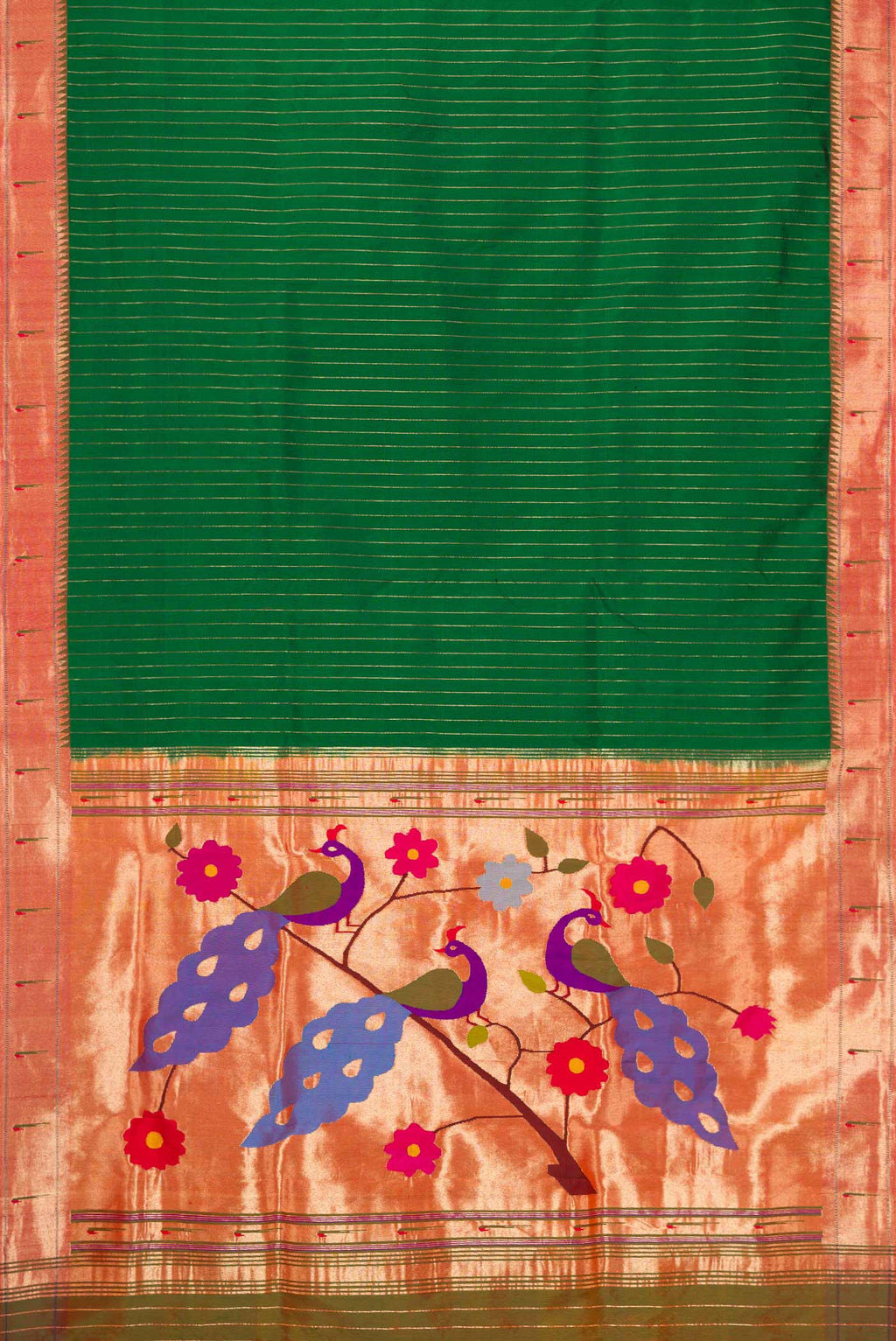 Flat view of Bottle Green Dual Tone Paithani Silk Saree with Stripes on the body and Paithani Border