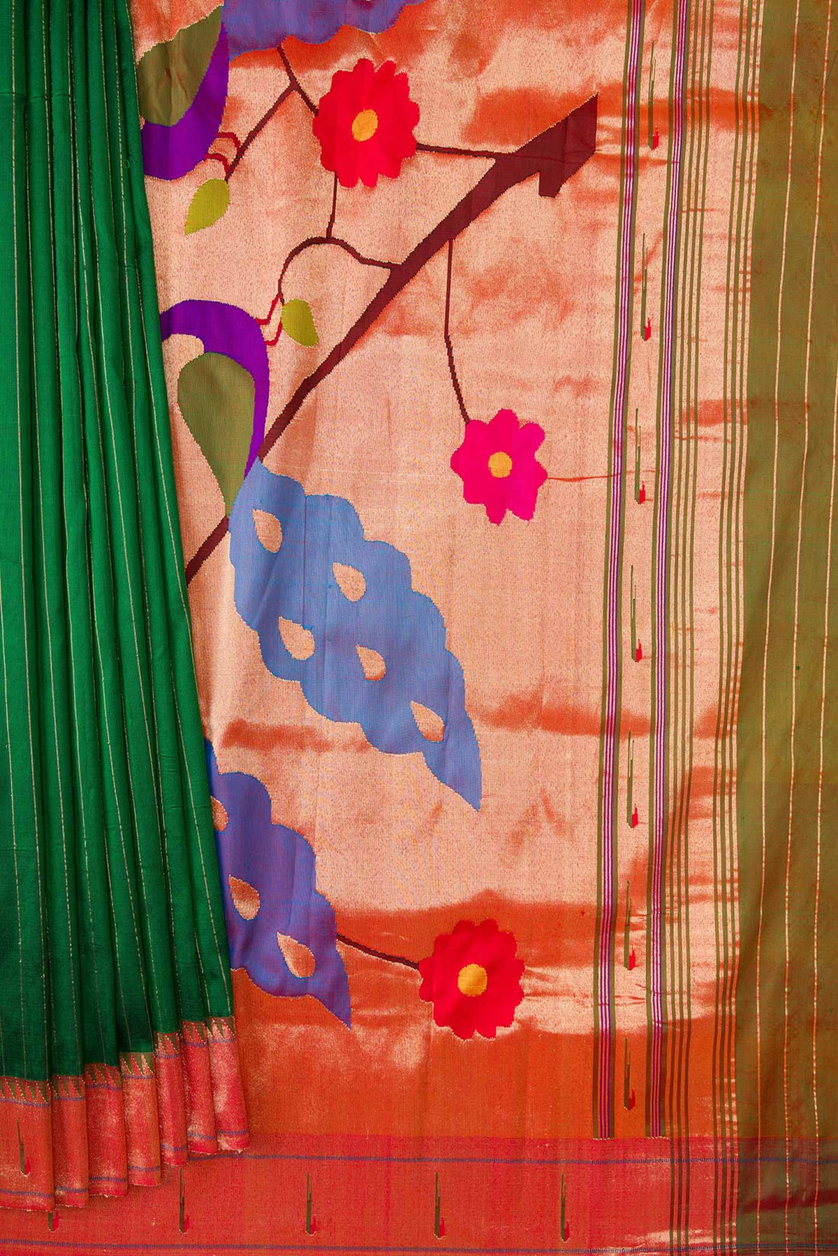 Pleats and pallu of Bottle Green Dual Tone Paithani Silk Saree with Stripes on the body and Paithani Border