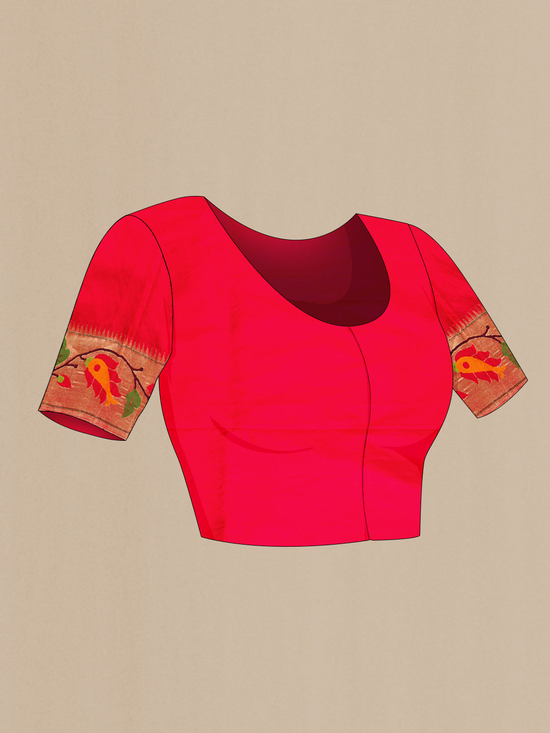 Close up image of the blouse of Red Dual Tone Paithani Silk Saree with Zari Butta on the body and Paithani Border