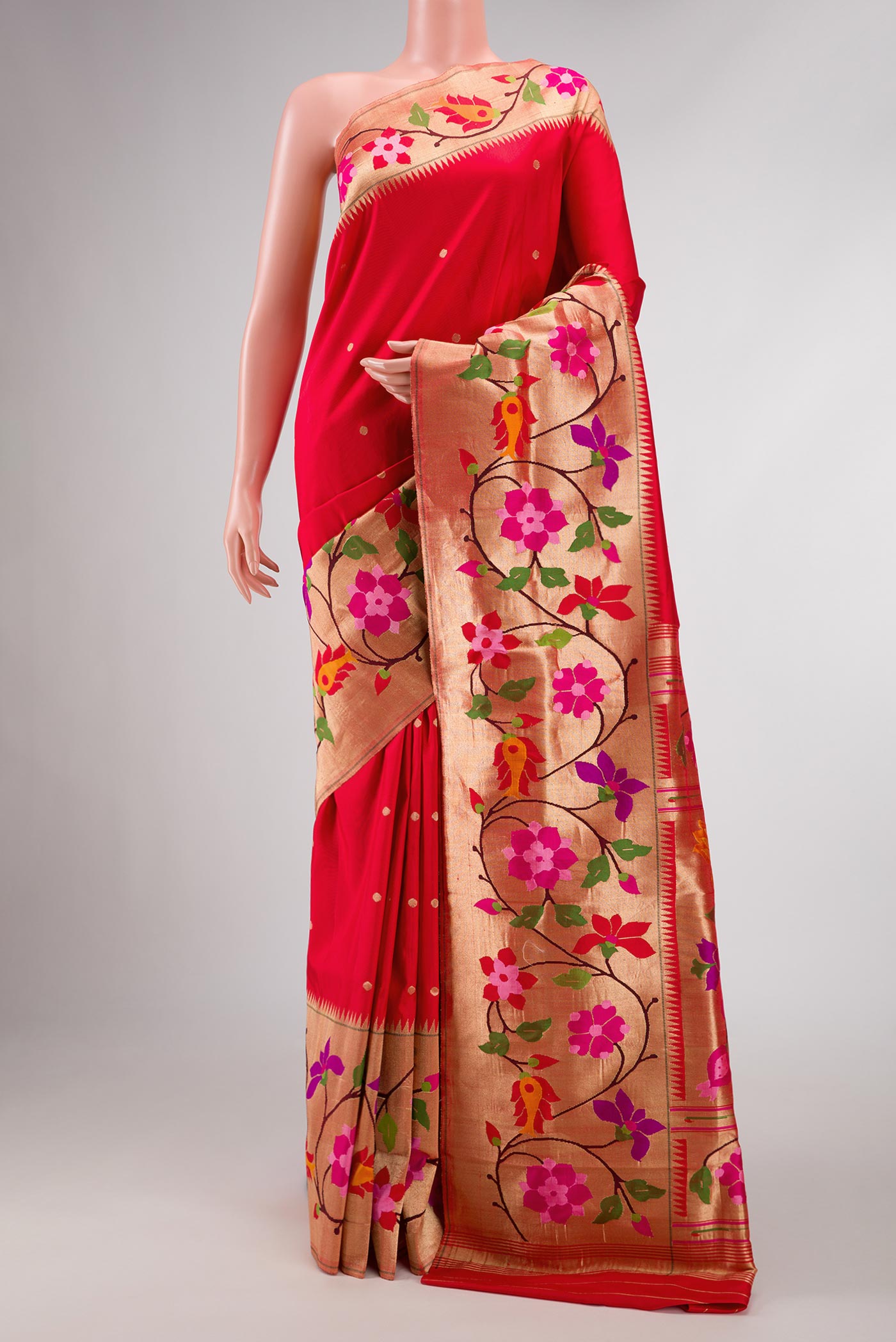 Red Dual Tone Paithani Silk Saree with Zari Butta on the body and Paithani Border displayed on a mannequin