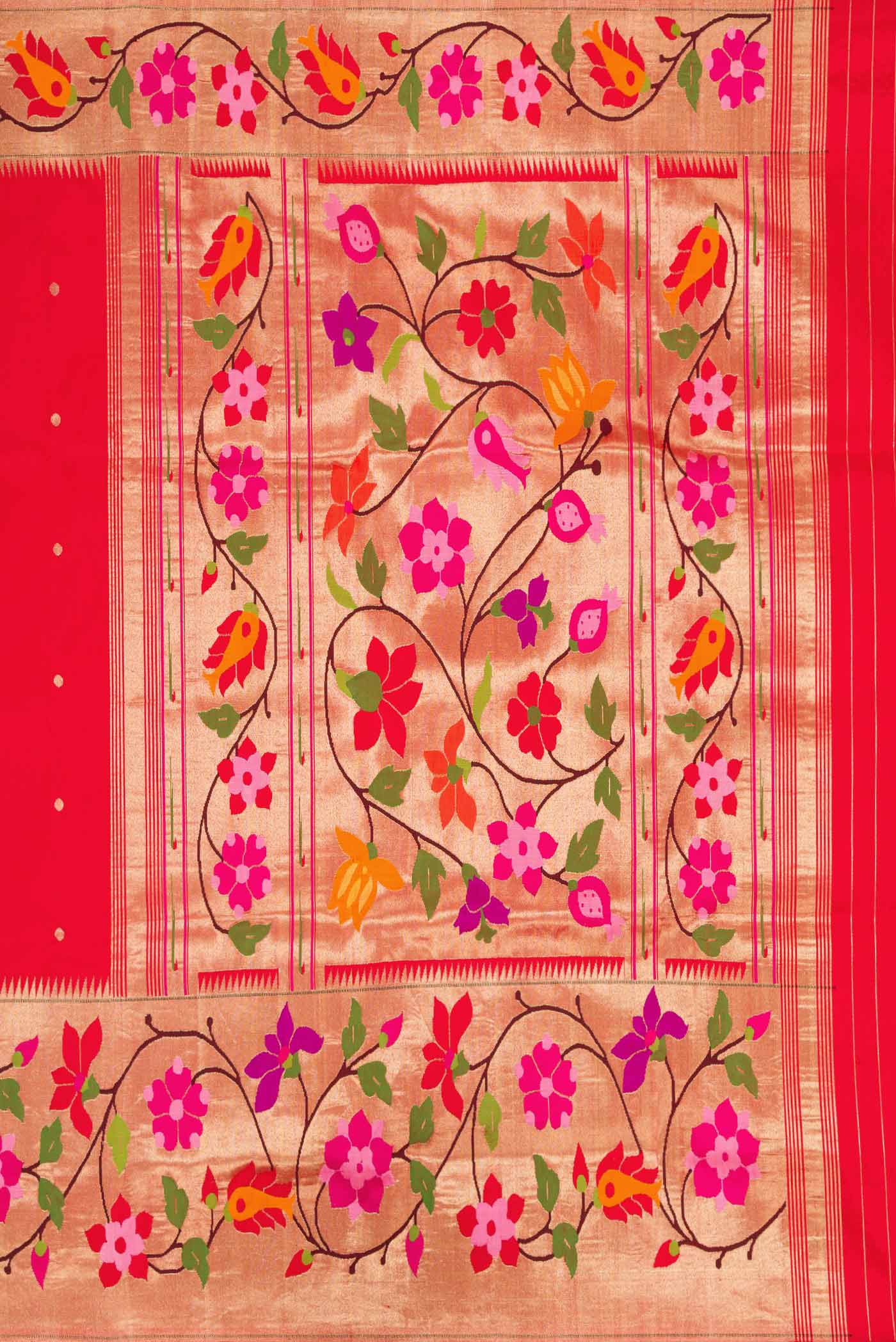 Close up image of the pallu of Red Dual Tone Paithani Silk Saree with Zari Butta on the body and Paithani Border