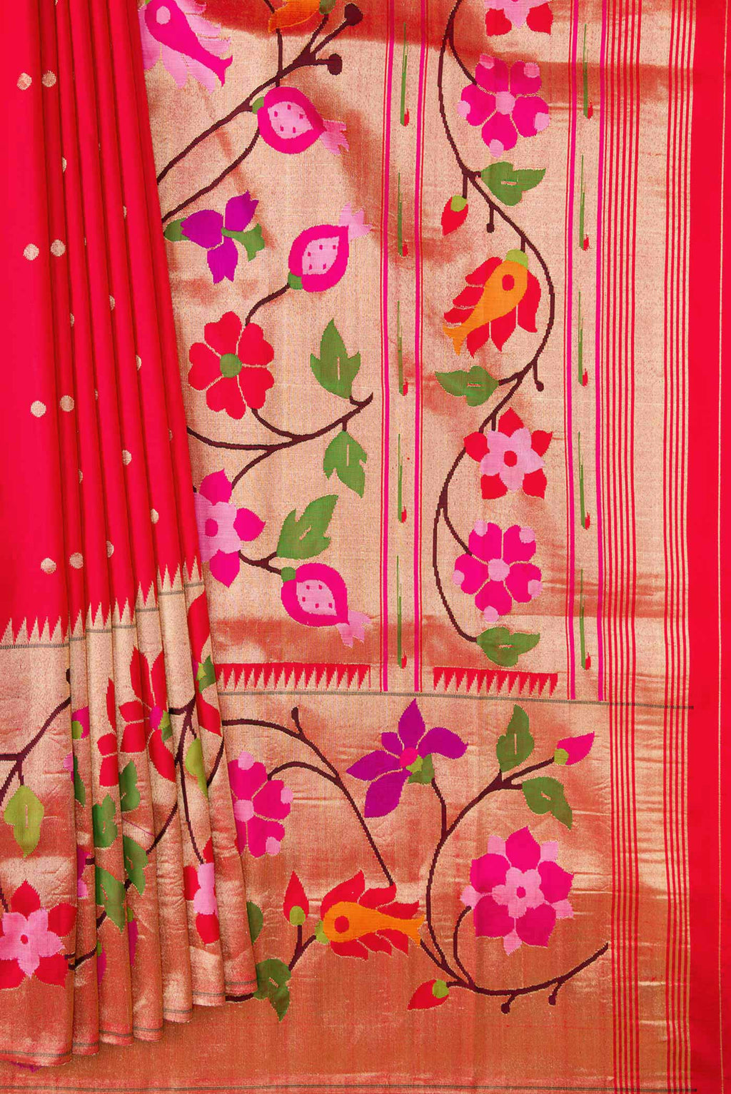 Pleats and pallu of Red Dual Tone Paithani Silk Saree with Zari Butta on the body and Paithani Border