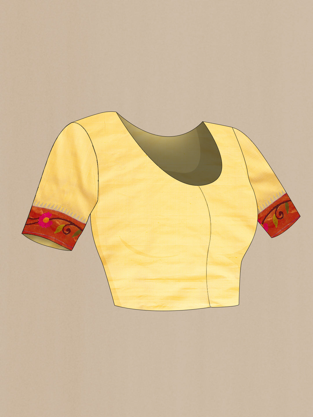 Close up image of the blouse of Pure Silk Pure Zari Gold Dual Tone Paithani Saree with Zari Brocade on the body and Paithani Border