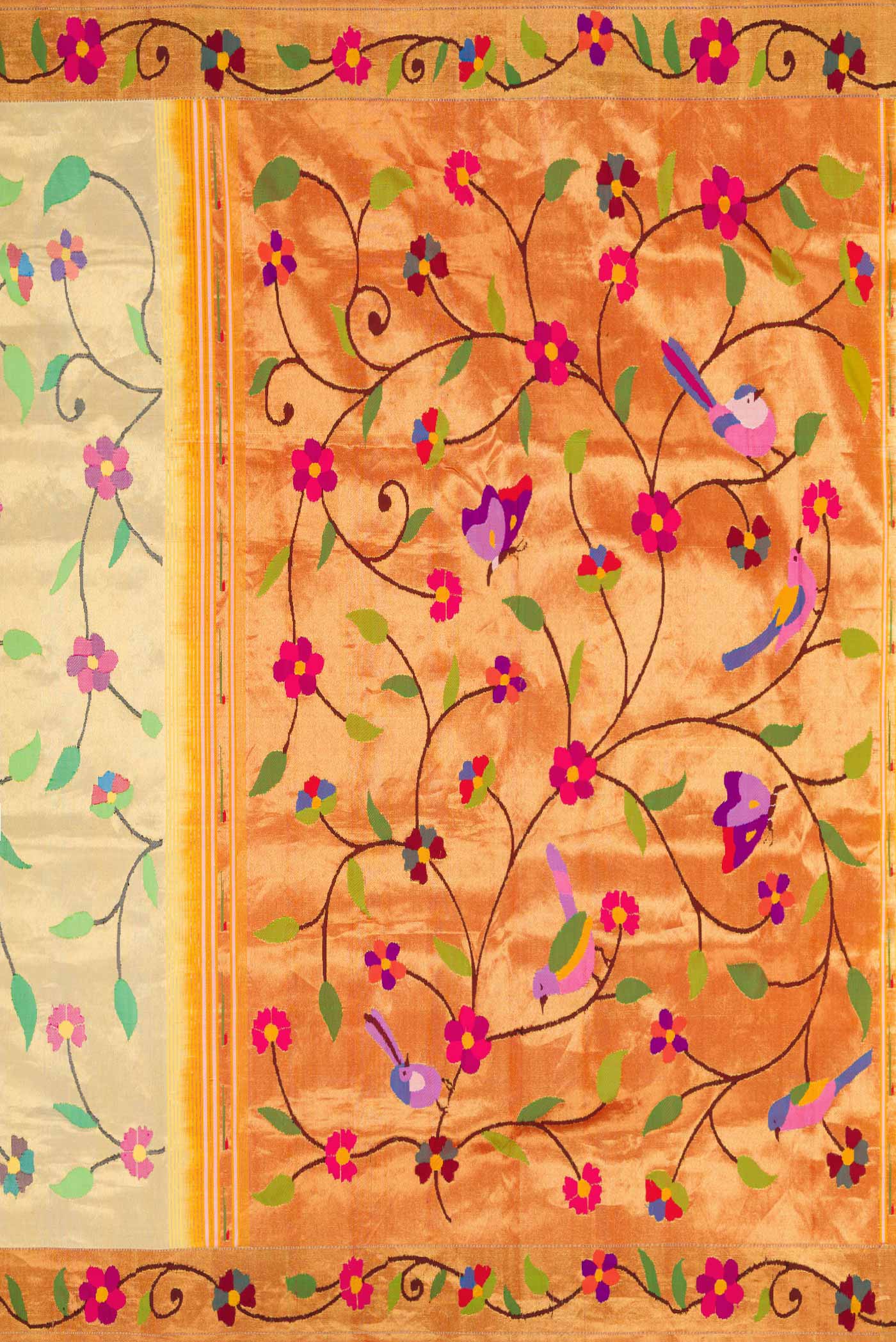 Close up image of the pallu of Pure Silk Pure Zari Gold Dual Tone Paithani Saree with Zari Brocade on the body and Paithani Border