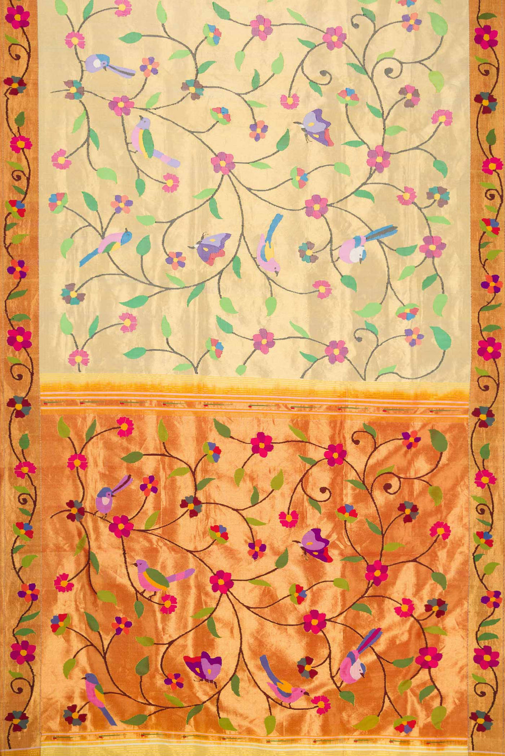 Flat view of Pure Silk Pure Zari Gold Dual Tone Paithani Saree with Zari Brocade on the body and Paithani Border