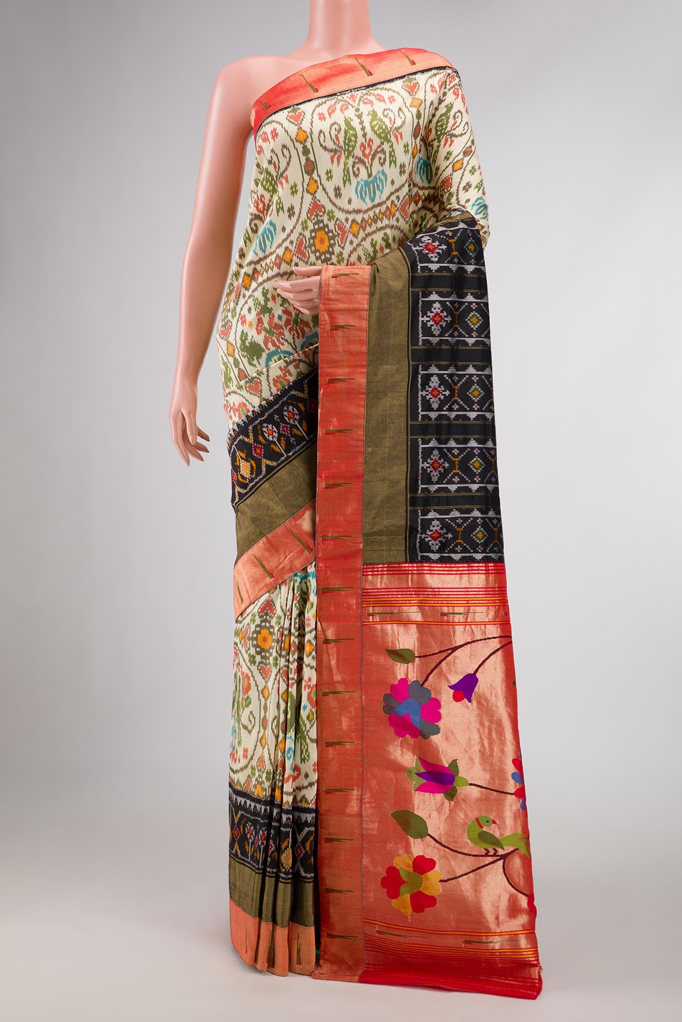 Beige Dual Tone Double Ikat Saree with Printed design on the body and Paithani Border displayed on a mannequin
