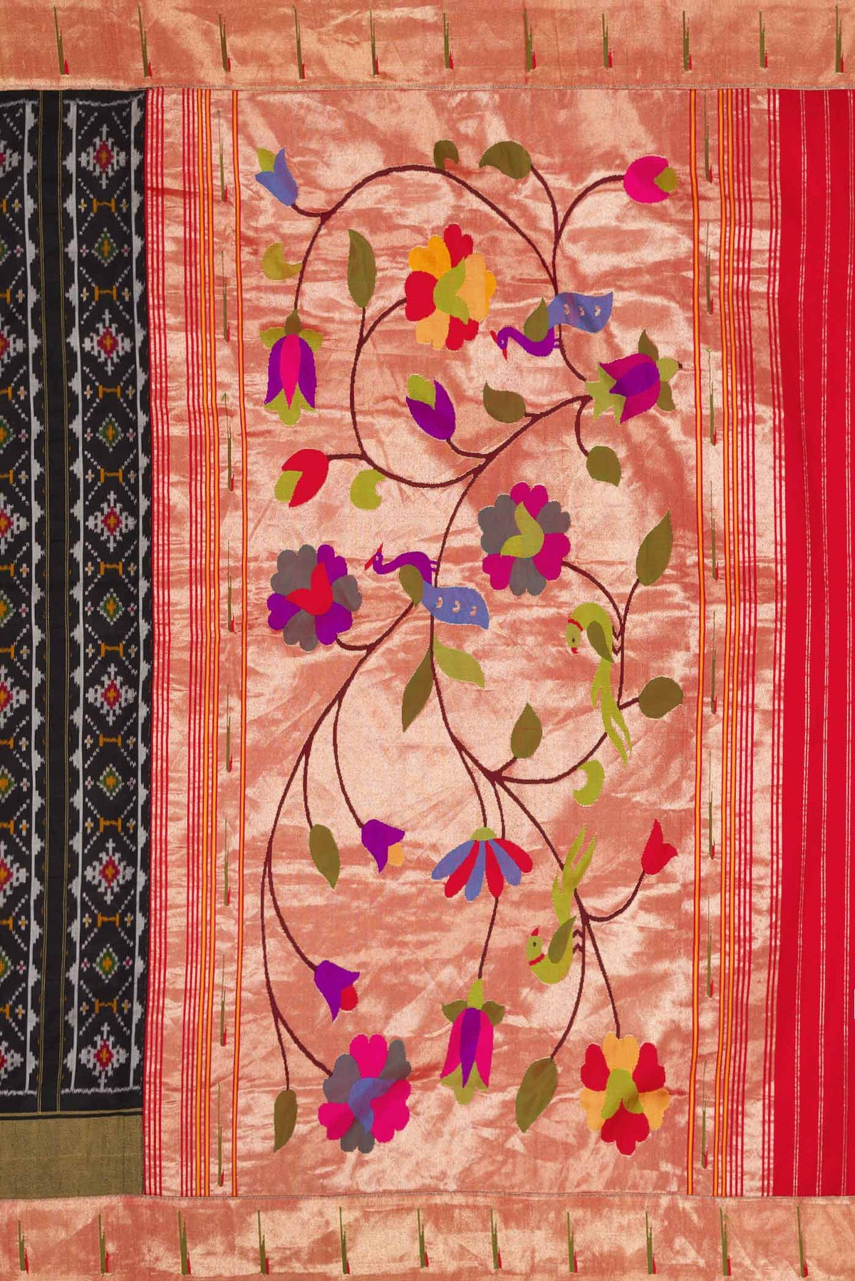 Close up image of the pallu of Beige Dual Tone Double Ikat Saree with Printed design on the body and Paithani Border