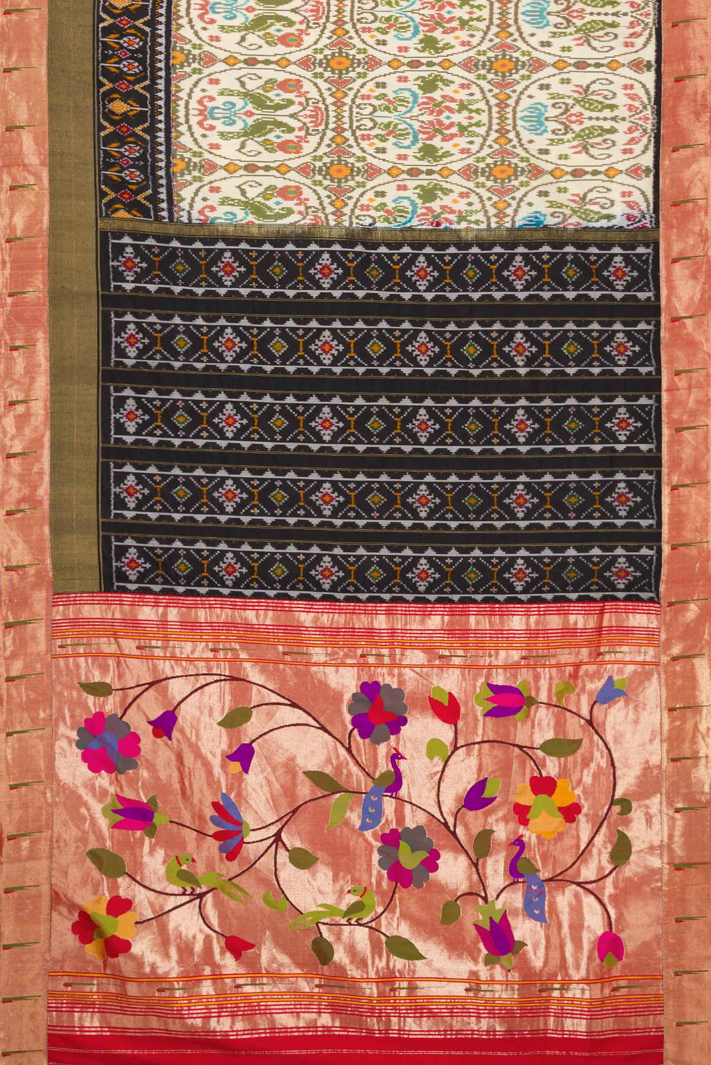 Flat view of Beige Dual Tone Double Ikat Saree with Printed design on the body and Paithani Border