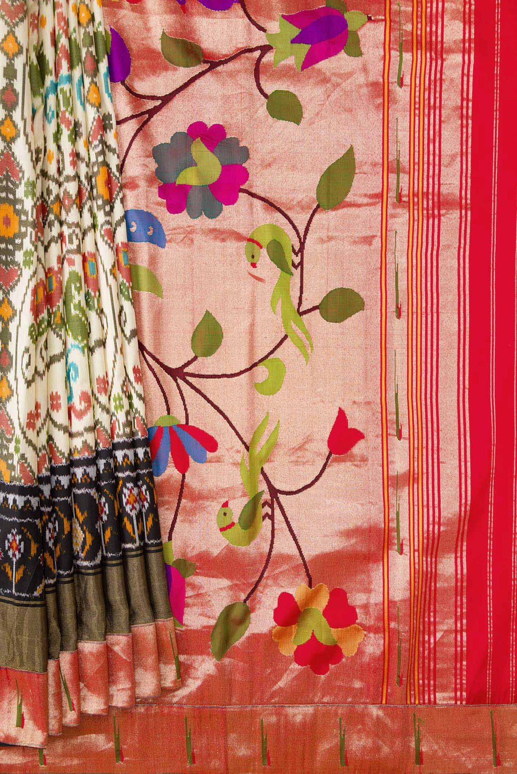 Pleats and pallu of Beige Dual Tone Double Ikat Saree with Printed design on the body and Paithani Border