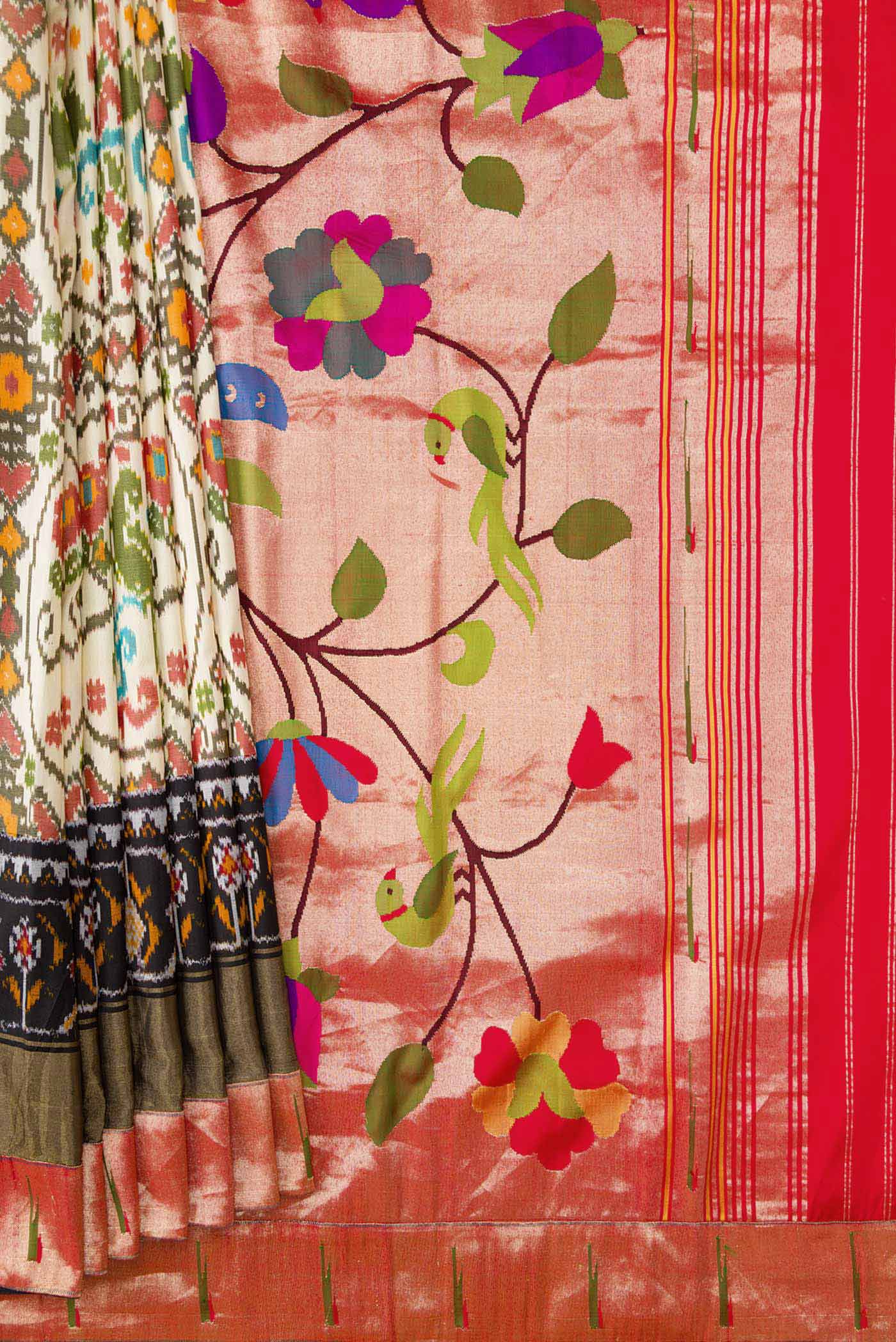 Pleats and pallu of Beige Dual Tone Double Ikat Saree with Printed design on the body and Paithani Border