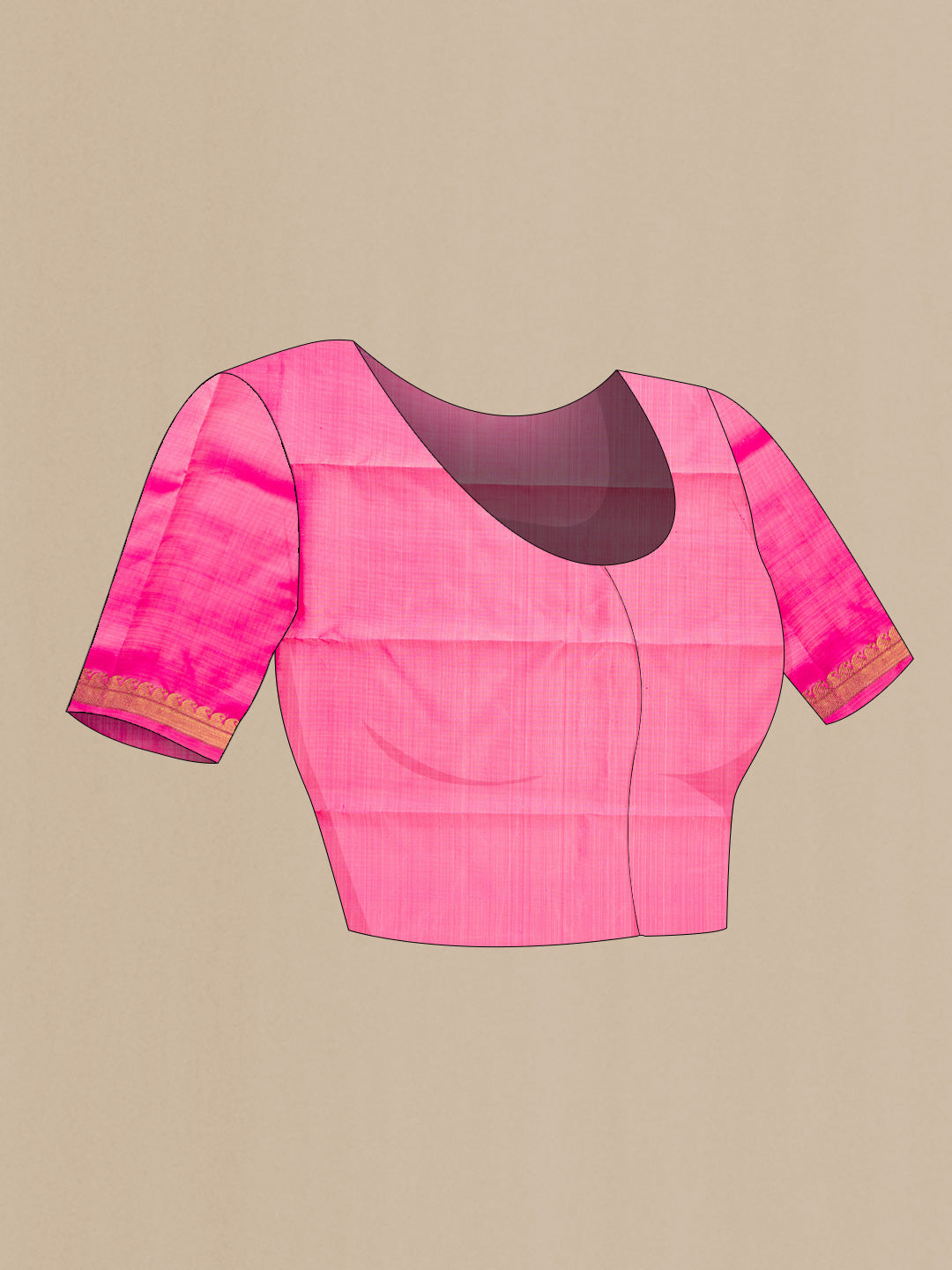 Close up image of the blouse of Pure Silk Pure Zari Pink Dual Tone Kanchipuram Saree with Checked design on the body and Zari Border. 