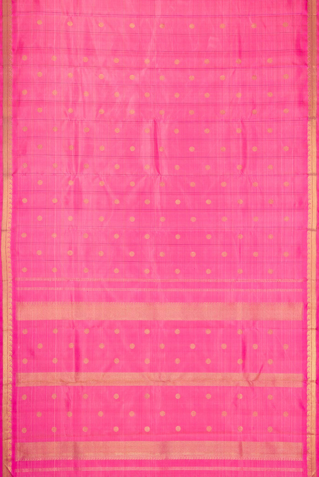 Flat view of Pure Silk Pure Zari Pink Dual Tone Kanchipuram Saree with Checked design on the body and Zari Border. 