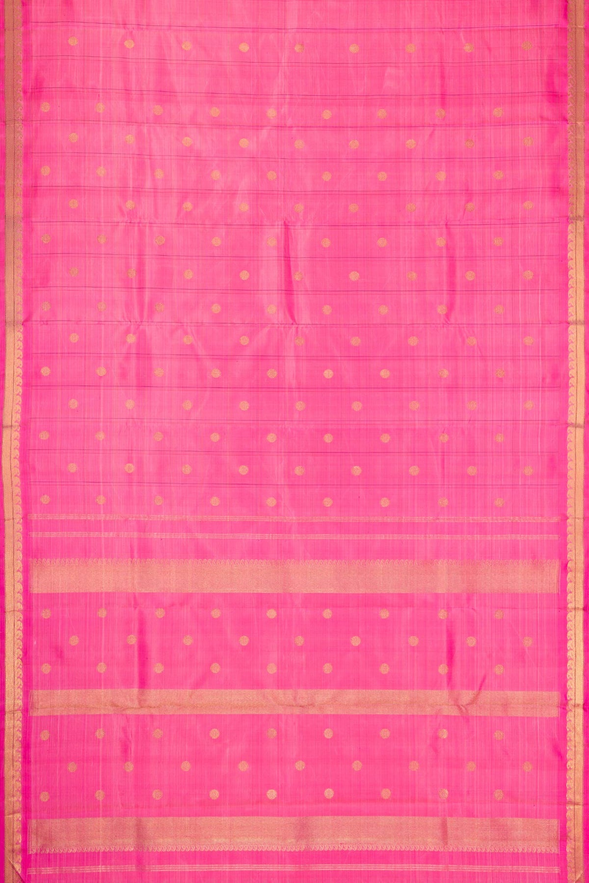 Flat view of Pure Silk Pure Zari Pink Dual Tone Kanchipuram Saree with Checked design on the body and Zari Border. 