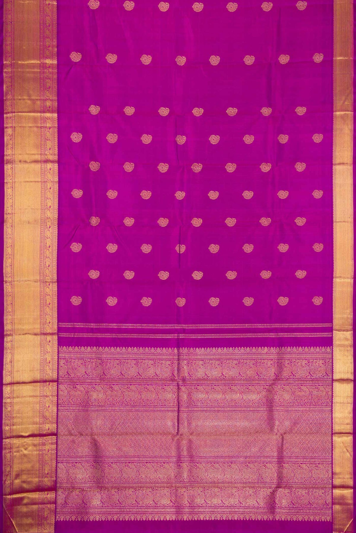 Flat view of Pure Silk Pure Zari Purple Dual Tone Kanjivaram Saree with Zari Butta on the body and Zari Border. 