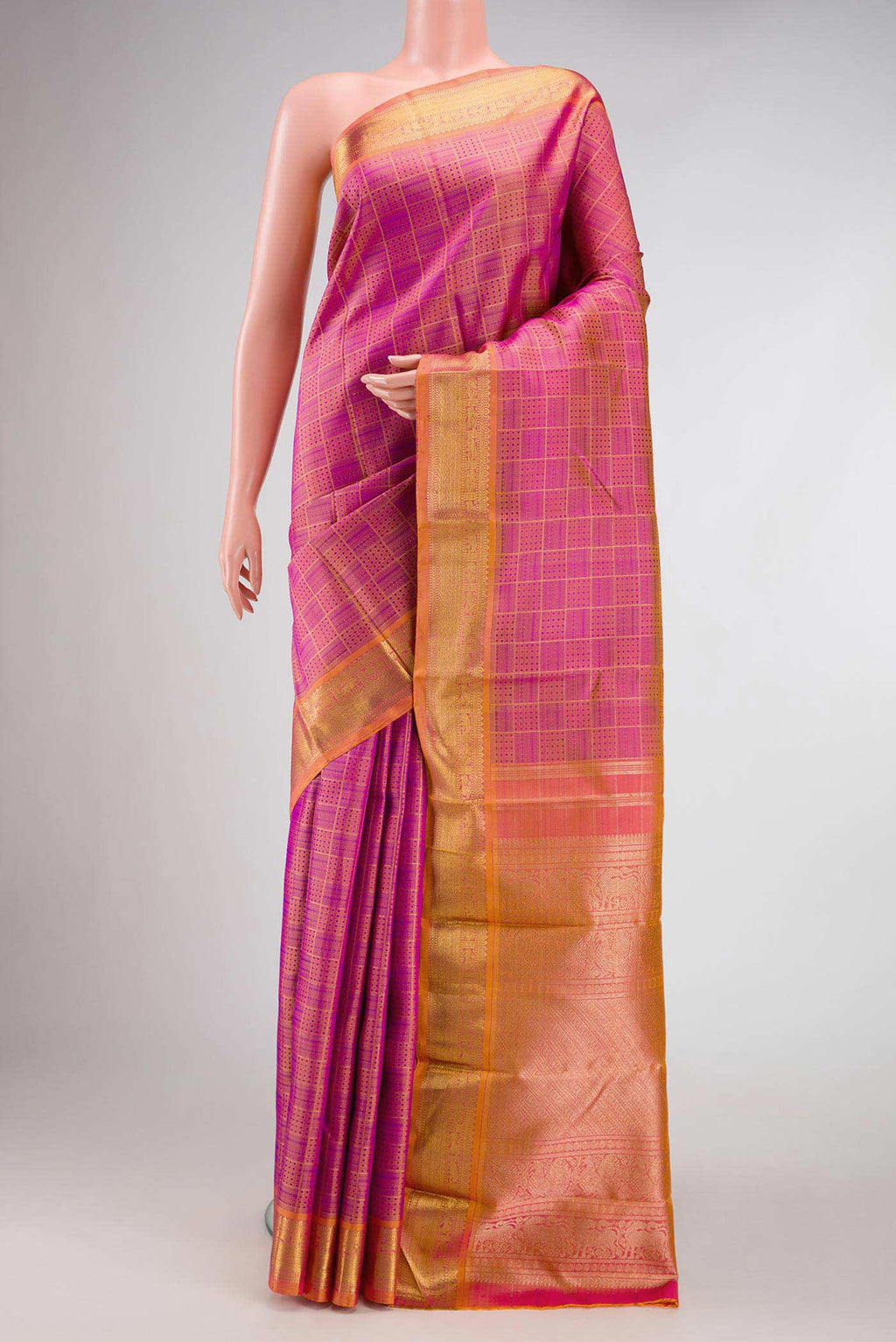Pure Silk Pure Zari Purple Dual Tone Kanchipuram Saree with Jacquard With Zari Butta on the body and Zari Border.  displayed on a mannequin