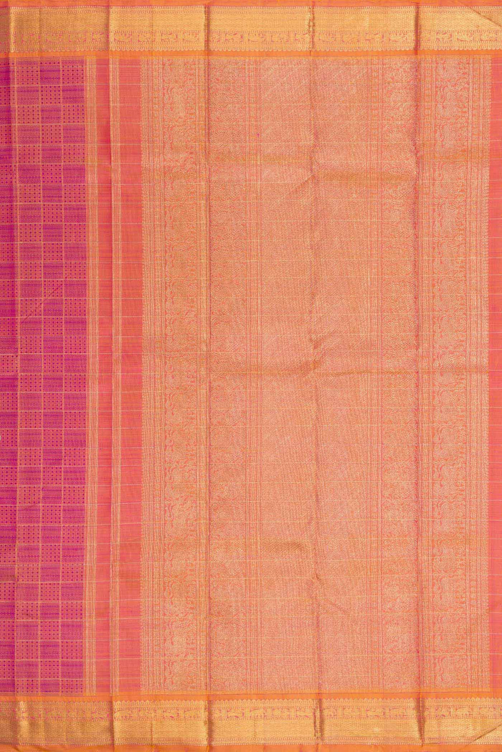 Close up image of the pallu of Pure Silk Pure Zari Purple Dual Tone Kanchipuram Saree with Jacquard With Zari Butta on the body and Zari Border. 