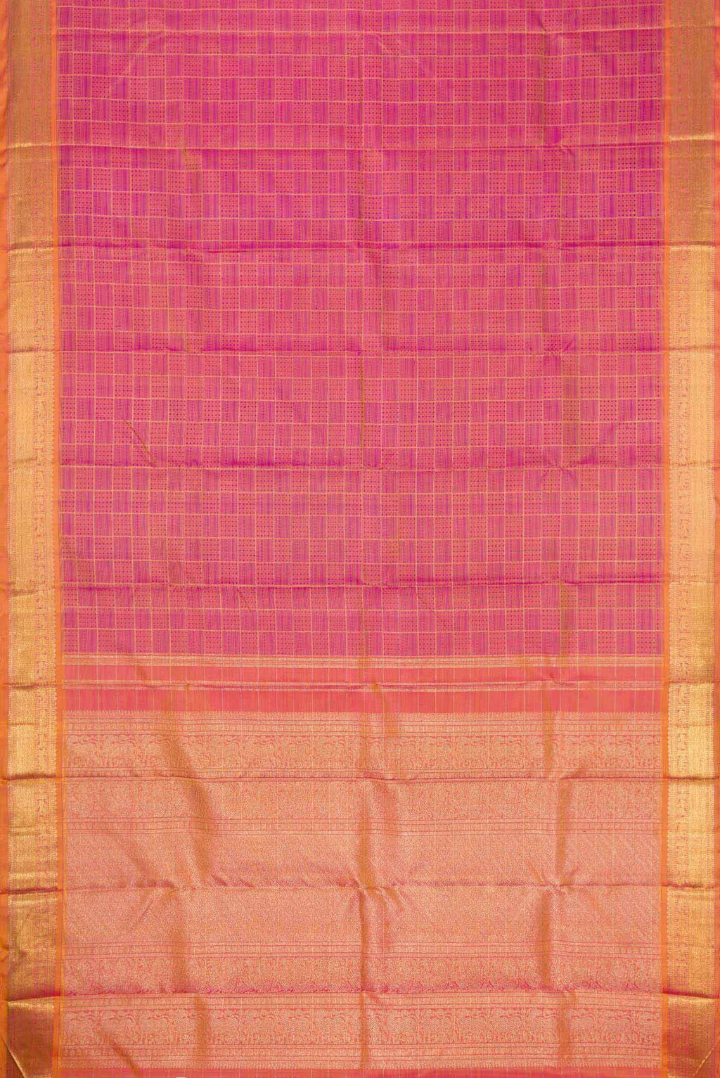 Flat view of Pure Silk Pure Zari Purple Dual Tone Kanchipuram Saree with Jacquard With Zari Butta on the body and Zari Border. 
