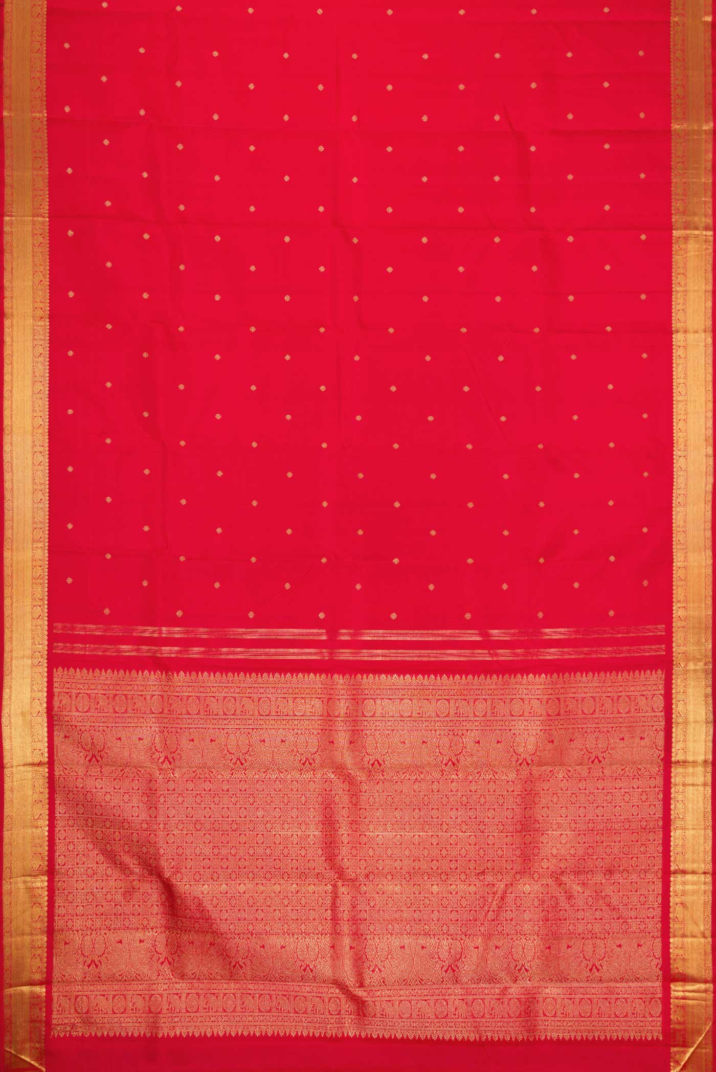 Flat view of Pure Silk Pure Zari Red Dual Tone Kanchipuram Saree with Zari Butta on the body and Zari Border. 