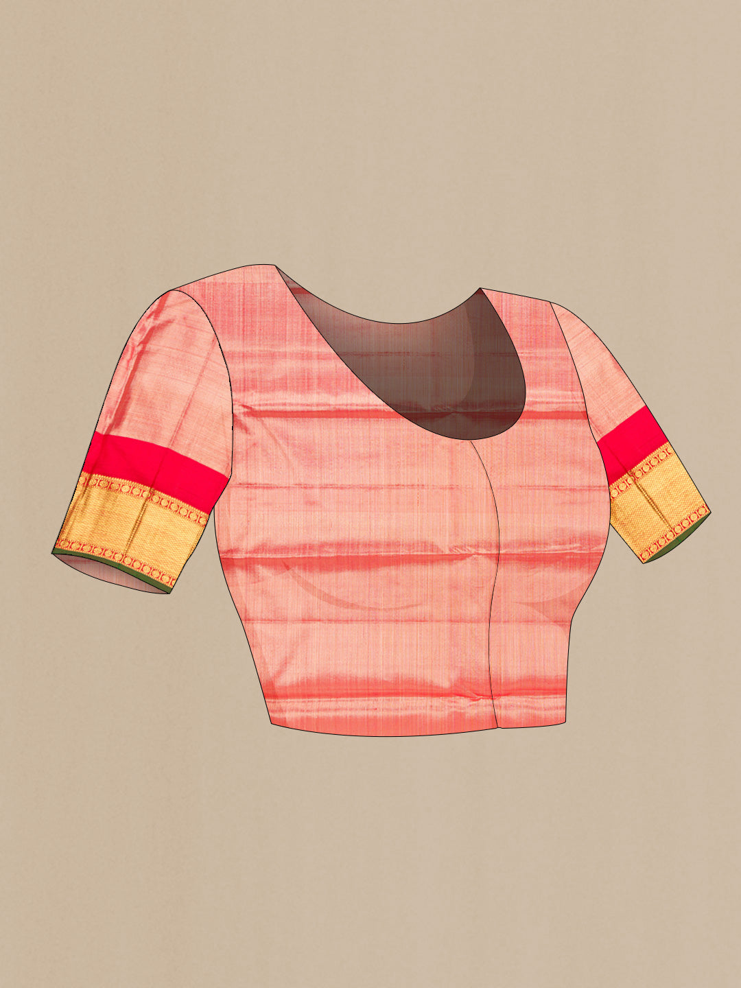 Close up image of the blouse of Pure Silk Pure Zari Gold Dual Tone Kanjivaram Tissue Saree with Zari Brocade on the body and Zari Border. 