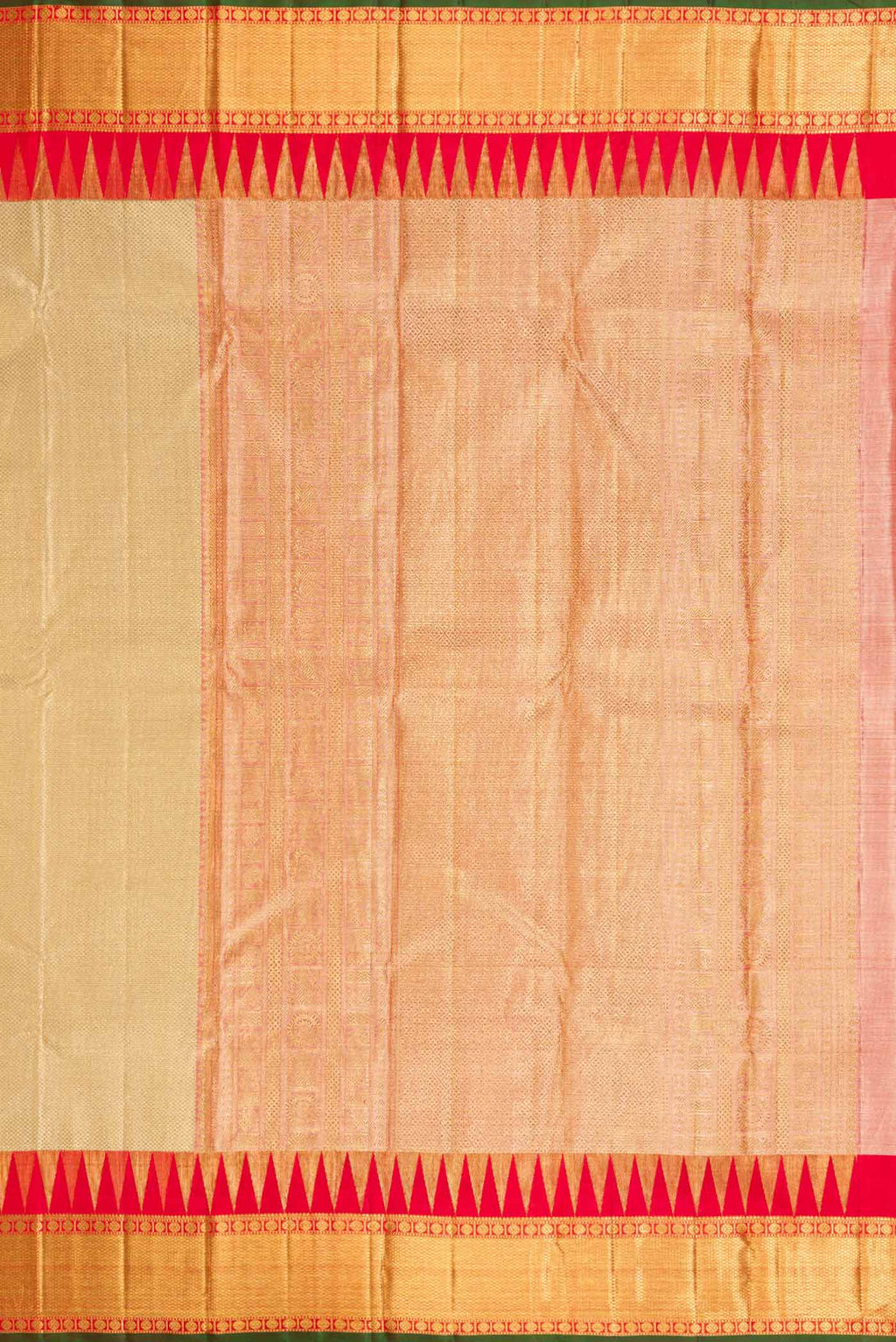 Close up image of the pallu of Pure Silk Pure Zari Gold Dual Tone Kanjivaram Tissue Saree with Zari Brocade on the body and Zari Border. 