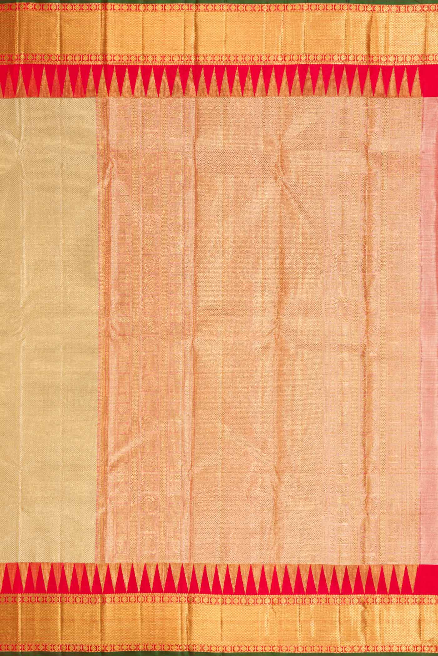 Close up image of the pallu of Pure Silk Pure Zari Gold Dual Tone Kanjivaram Tissue Saree with Zari Brocade on the body and Zari Border. 
