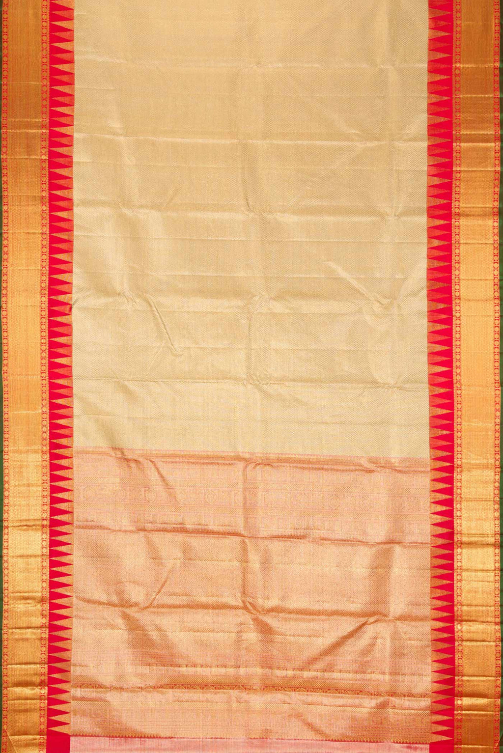 Flat view of Pure Silk Pure Zari Gold Dual Tone Kanjivaram Tissue Saree with Zari Brocade on the body and Zari Border. 