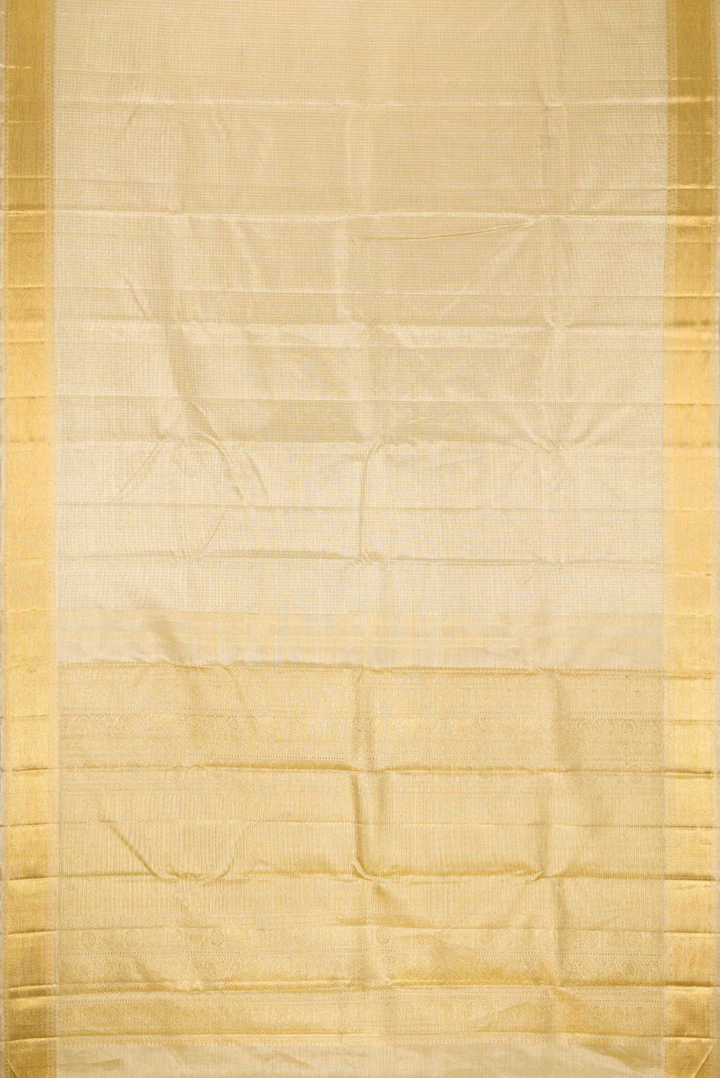 Flat view of Pure Silk Pure Zari Gold Dual Tone Kanjivaram Saree with Zari Brocade on the body and Zari Border. 