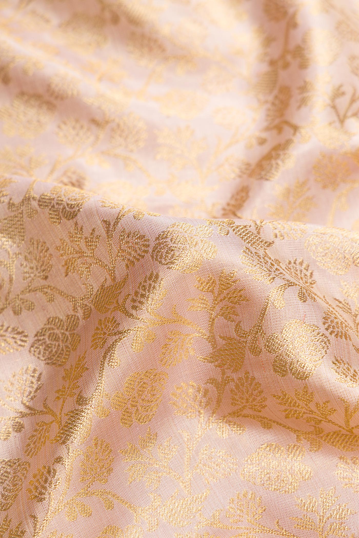 Close up of Pure Silk Pure Zari Rose Gold Dual Tone Kanjivaram Tissue Saree with Zari Brocade on the body and Zari Border.  displaying folds