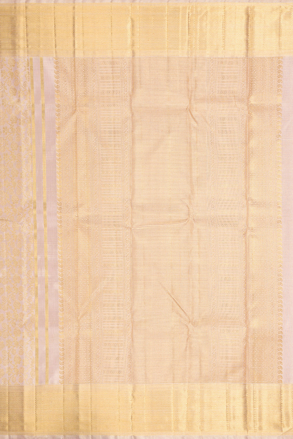 Close up image of the pallu of Pure Silk Pure Zari Rose Gold Dual Tone Kanjivaram Tissue Saree with Zari Brocade on the body and Zari Border. 