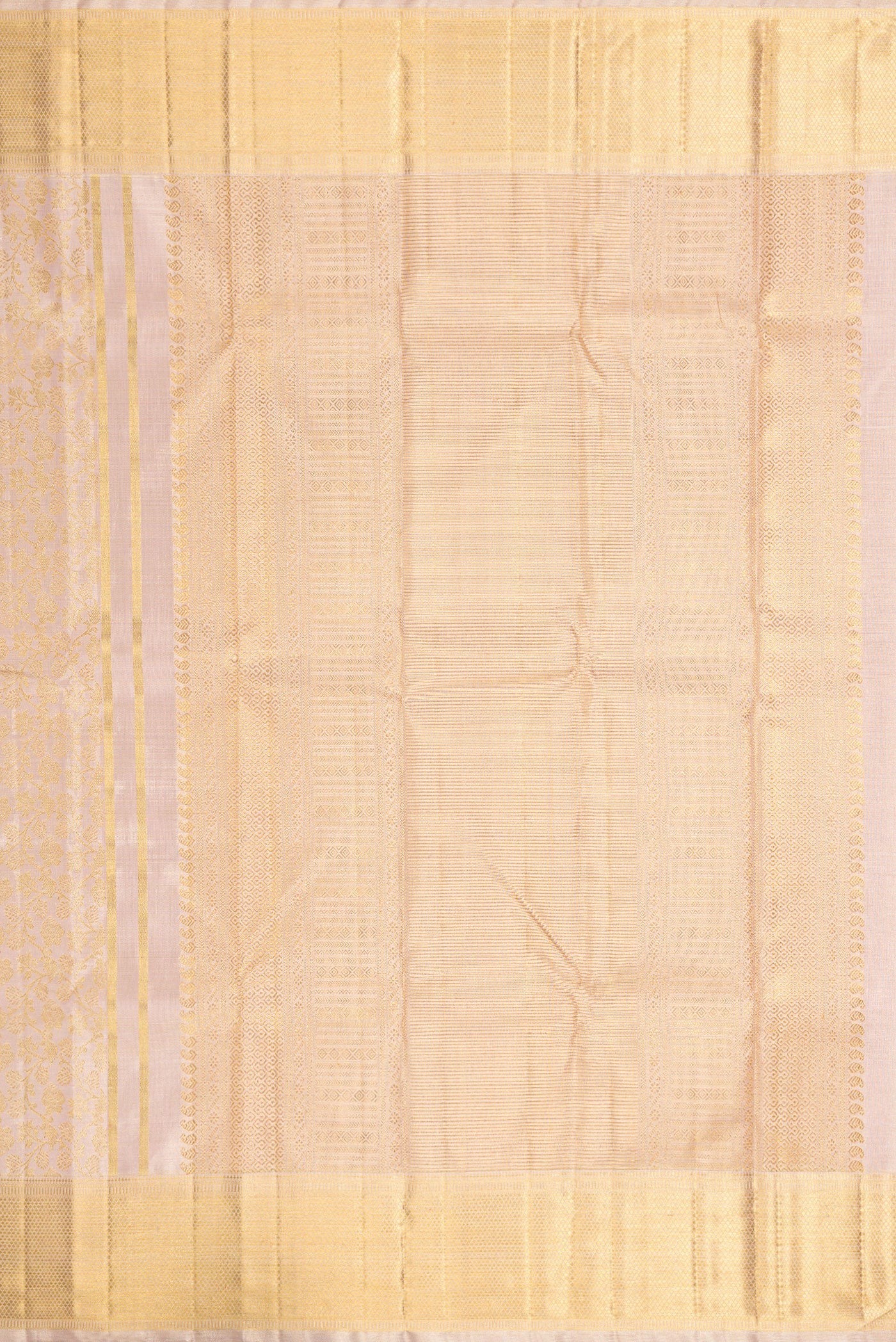 Close up image of the pallu of Pure Silk Pure Zari Rose Gold Dual Tone Kanjivaram Tissue Saree with Zari Brocade on the body and Zari Border. 