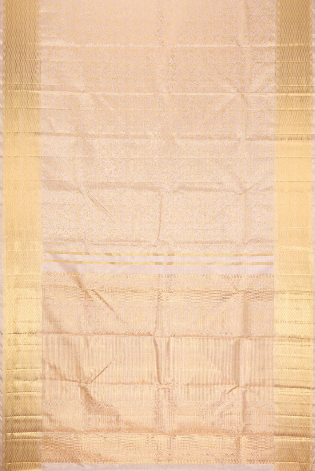 Flat view of Pure Silk Pure Zari Rose Gold Dual Tone Kanjivaram Tissue Saree with Zari Brocade on the body and Zari Border. 