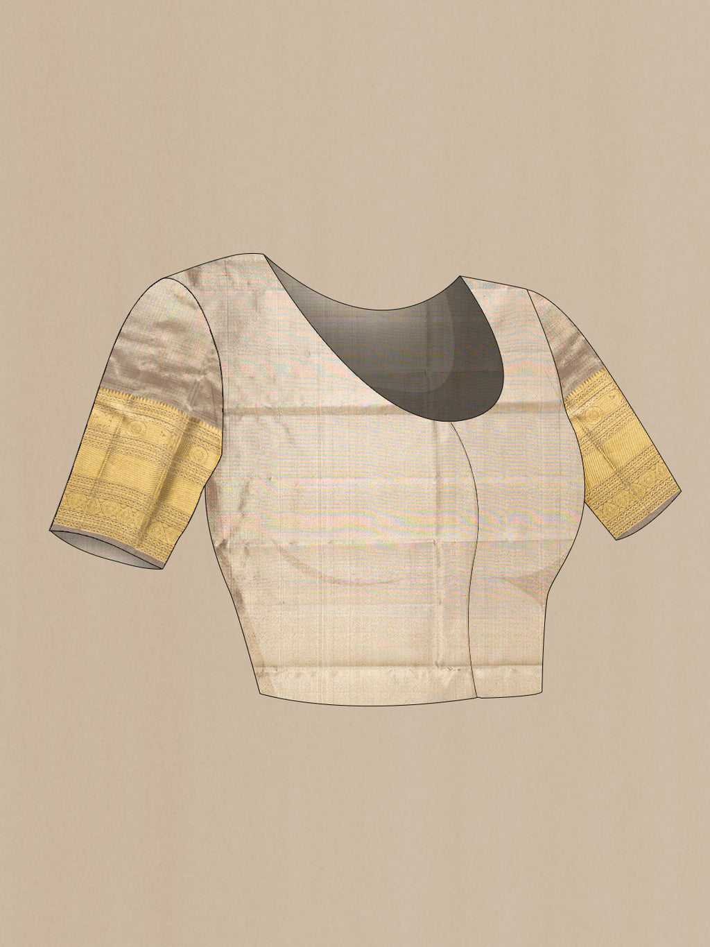 Close up image of the blouse of Pure Silk Pure Zari Grey Dual Tone Kanjivaram Tissue Saree with Zari Brocade on the body and Zari Border. 