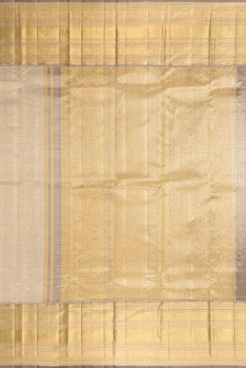Close up image of the pallu of Pure Silk Pure Zari Grey Dual Tone Kanjivaram Tissue Saree with Zari Brocade on the body and Zari Border. 