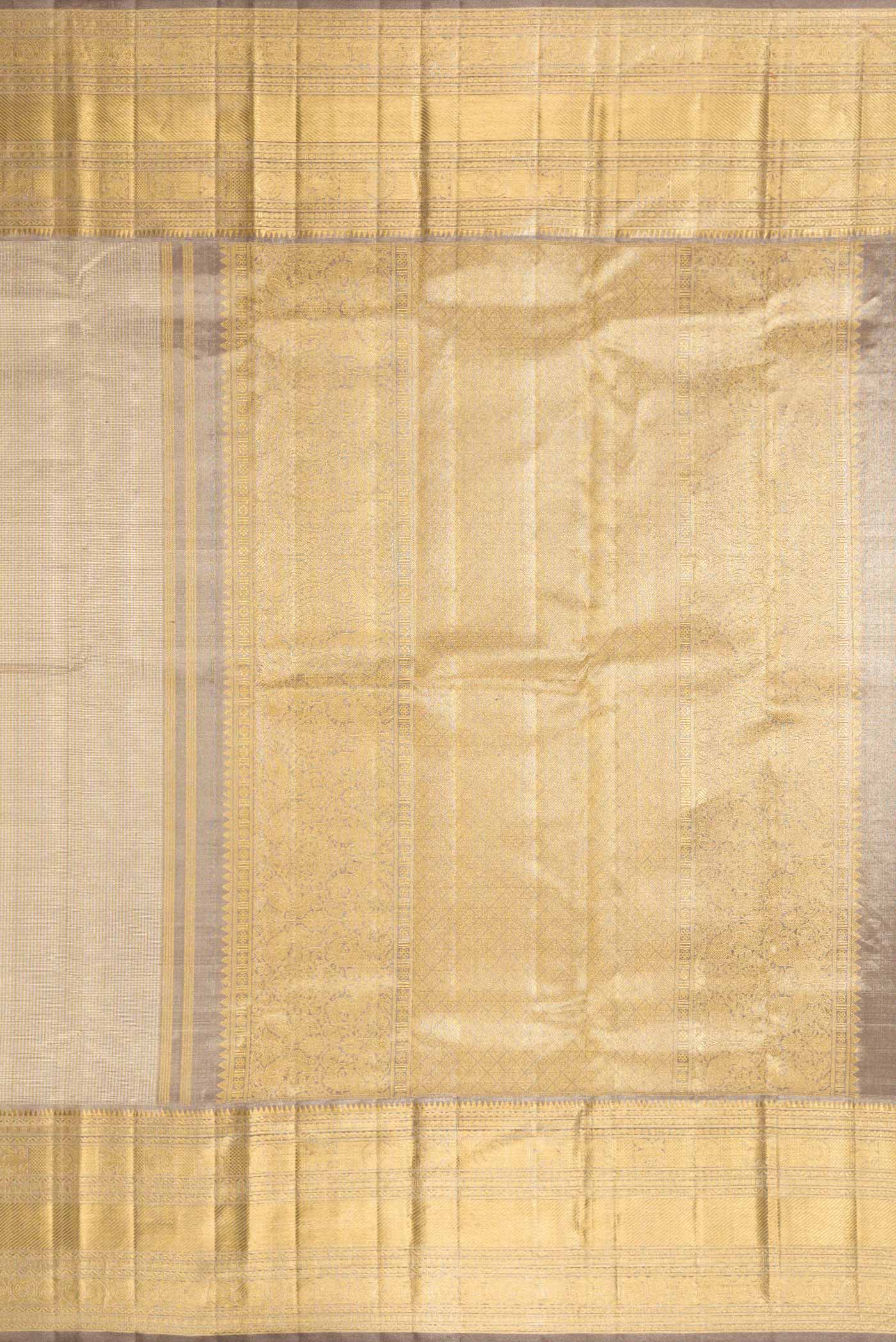 Close up image of the pallu of Pure Silk Pure Zari Grey Dual Tone Kanjivaram Tissue Saree with Zari Brocade on the body and Zari Border. 