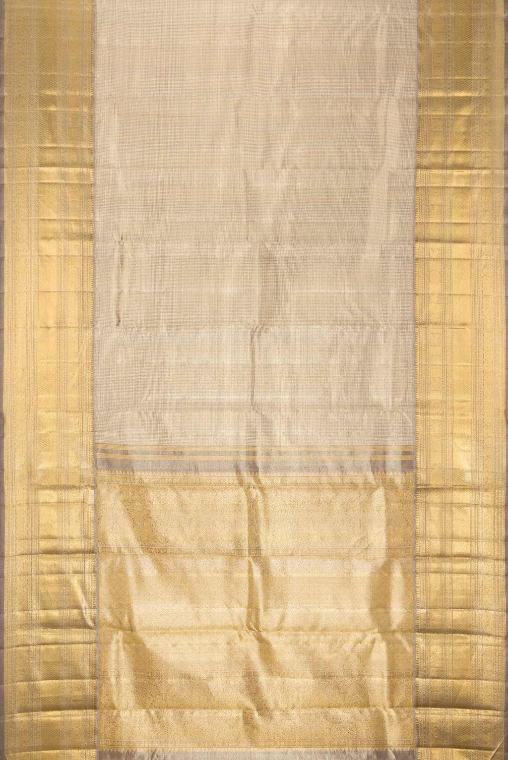 Flat view of Pure Silk Pure Zari Grey Dual Tone Kanjivaram Tissue Saree with Zari Brocade on the body and Zari Border. 