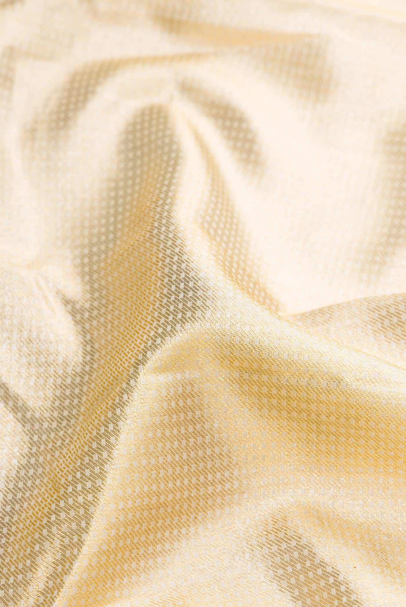 Close up of Pure Silk Pure Zari Gold Dual Tone Kanchipuram Saree with Zari Brocade on the body and Zari Border displaying folds