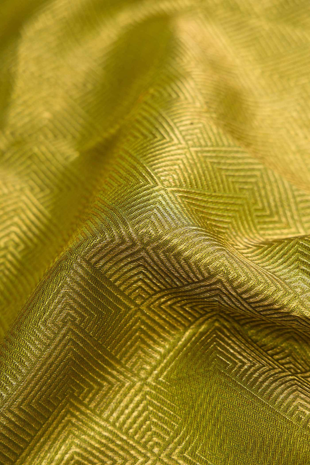 Close up of Pure Silk Pure Zari Green Dual Tone Kanchipuram Saree with Zari Brocade on the body and Zari Border displaying folds