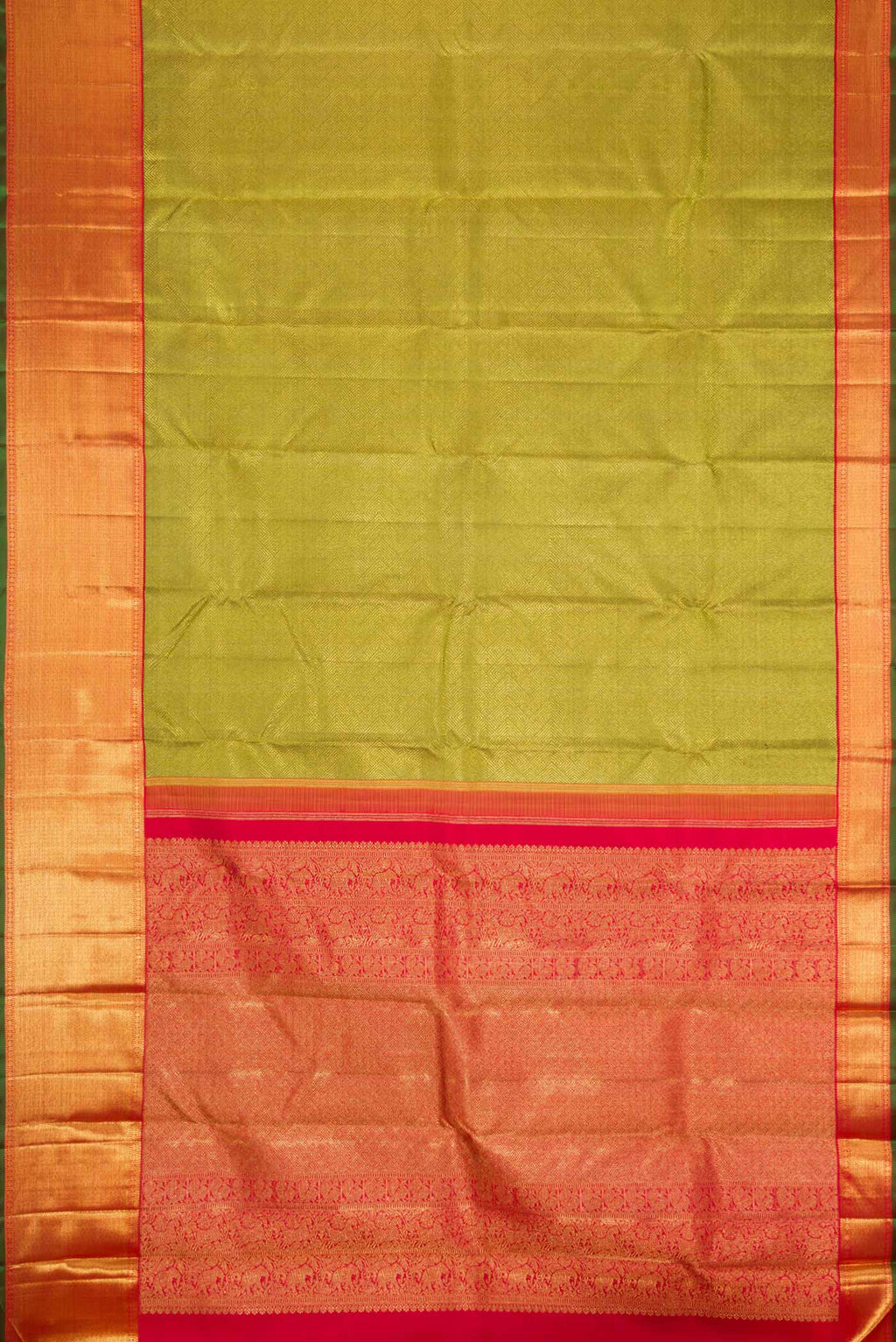 Flat view of Pure Silk Pure Zari Green Dual Tone Kanchipuram Saree with Zari Brocade on the body and Zari Border