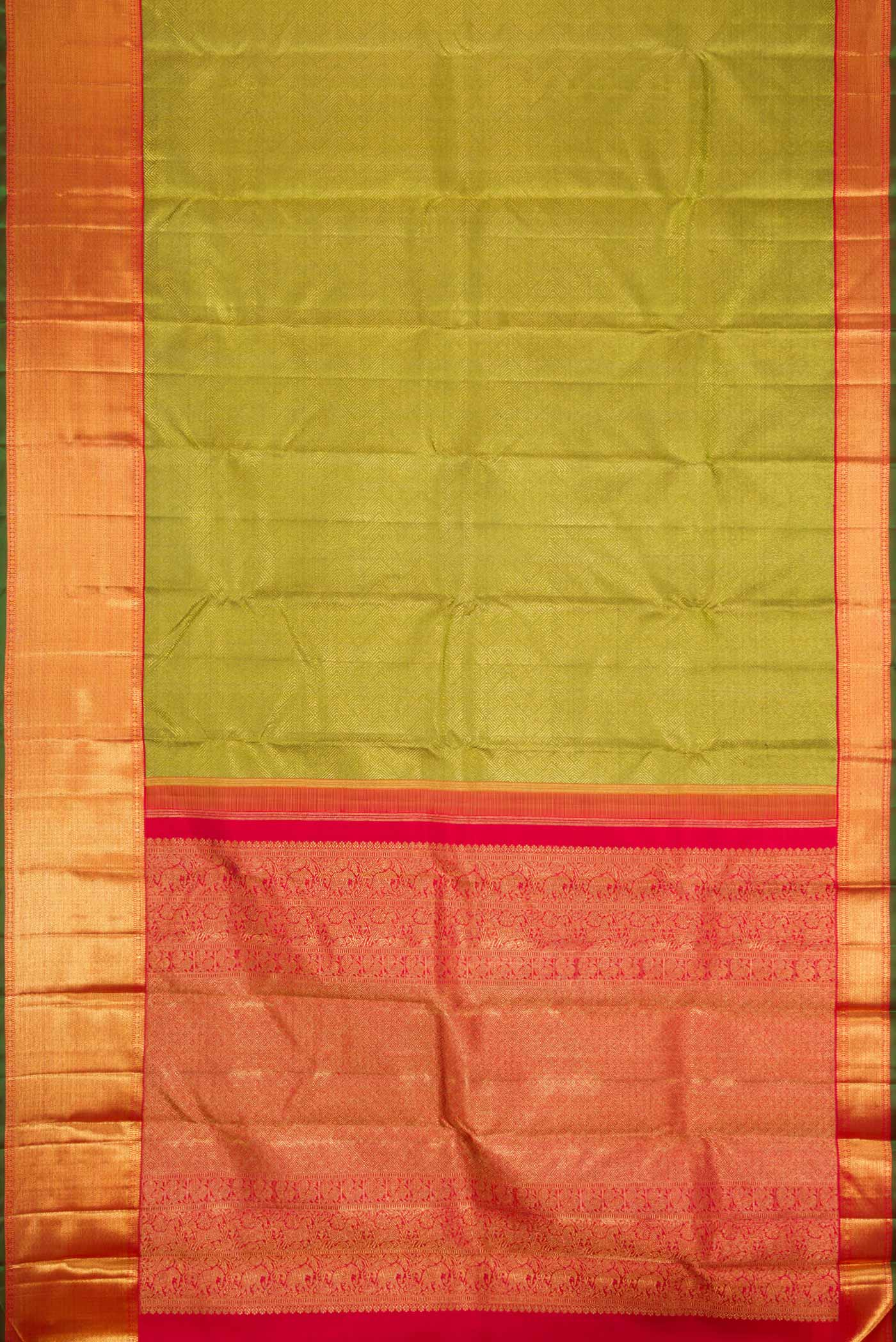 Flat view of Pure Silk Pure Zari Green Dual Tone Kanchipuram Saree with Zari Brocade on the body and Zari Border