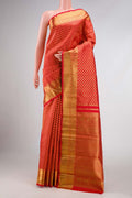 Pure Silk Pure Zari Red Dual Tone Kanchipuram Saree with Zari Brocade on the body and Zari Border displayed on a mannequin